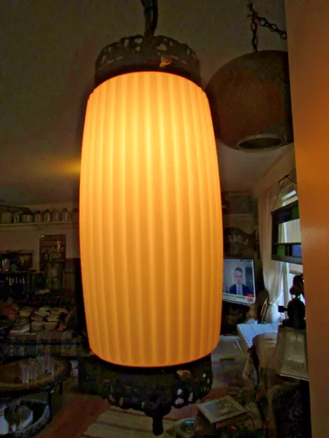 Pair of Mid Century 1960s MCM White OPAQUE Glass PENDANT hanging Cylinder LIGHTS 2