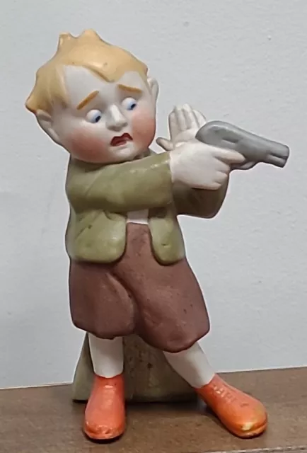 Schafer & Vater Googly Eye Boy Holding Gun Bisque Matchstick/Toothpick Holder