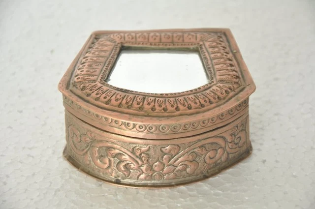 1940's Old Brass Handcrafted Inlay Engraved Unique Mirror Fitted Jewellery Box