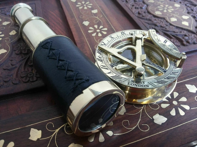 Brass Sundial Compass Maritime Design Antique Brass Telescope Leather Grip Gift