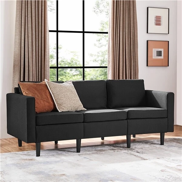 3-Seater Sofa 189CM For Living Room Fabric Upholstered Couch, Black