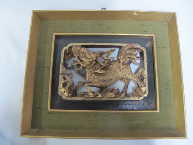 Vintage CHINESE Gilt Pierced Wood DRAGON Carving in Frame