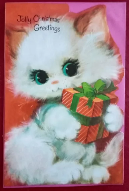 Merry Christmas Vintage 1970's Greeting Card Happy Cute Fluffy White Cat Kitten