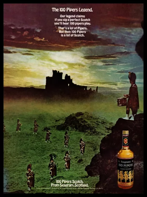 1970 Seagram's 100 Pipers Blended Scotch Whisky Bagpipers Castle Print Ad
