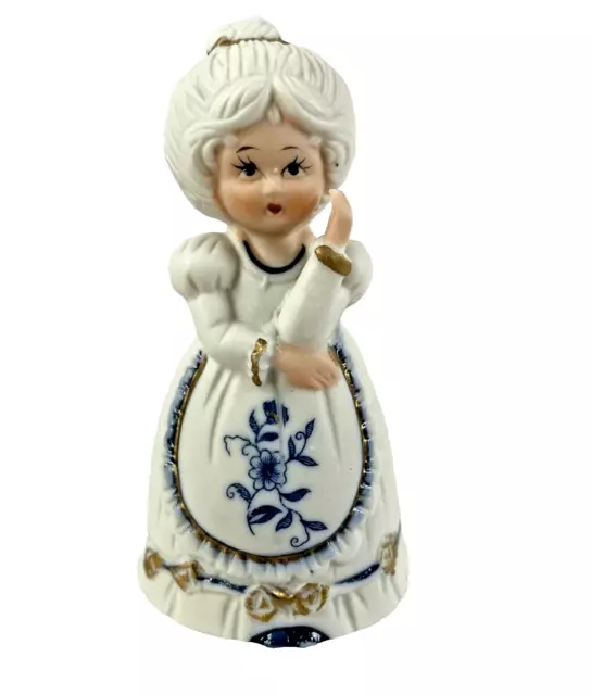Porcelain JASCO Royal Majestic Bell Girl with Updo and Apron Bear 4"