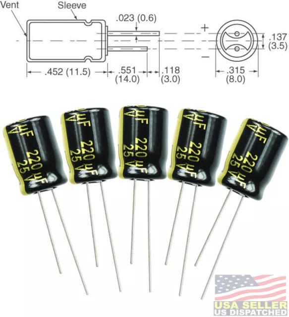 5x Panasonic FM 220uF 25v Low-ESR radial capacitors 3000 hrs @ 105C 8mm 8x11.5