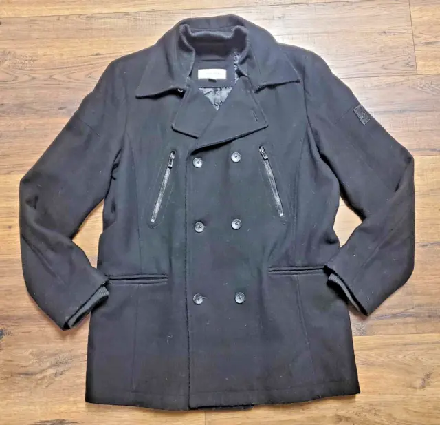 Calvin Klein Wool Modern Pea Coat Double Breasted Zipped Pockets Quilted Lining