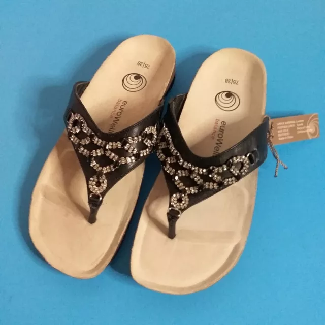 Women Eurowellness Balance Black with Gems Buckle Thong Flip Flops Size 7.5