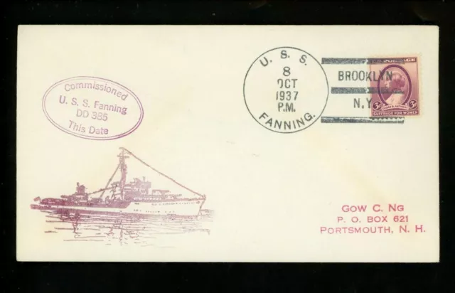 US Naval Ship Cover USS Fanning DD-385 Pre WWII 10/8/1937 Commissioned Brooklyn