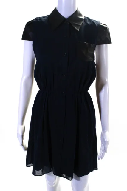 Alice + Olivia Women's Silk Leather Trim Button Down Dress Navy Size S