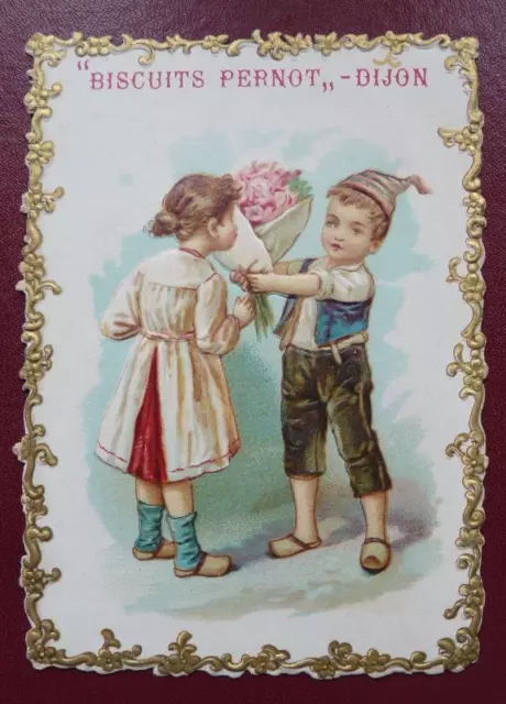 Chromo Biscuits Pernot - Dijon - Deux Enfants - Bouquet De Fleurs - Meunier -