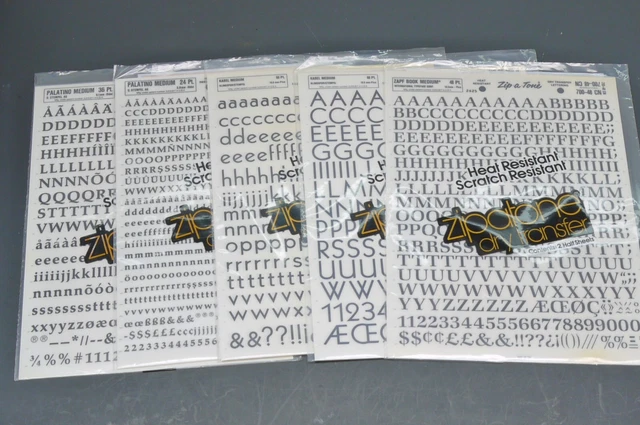 Lote de 5 paquetes de cartas de transferencia seca zipatone varios tamaños Zapf/kabel/Palatino Med