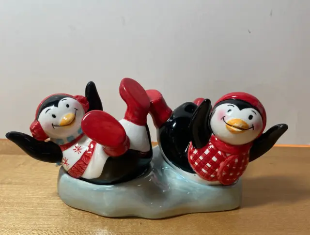 Fitz and Floyd Penguins "Cool Christmas" Salt & Pepper Shakers & Tray, Winter