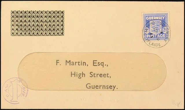 13992) Guernsey 3a Brief ultramarin GUERNSEY CHANNEL ISLANDS 12.4.44 Ersttag