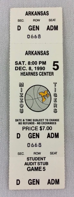 1990 12/08 Arkansas Razorbacks at Missouri Tigers Basketball Full Ticket