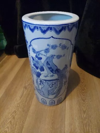 Vintage Chinese Porcelain Blue & White Birds & Flowers Cylinder Vase 38cm