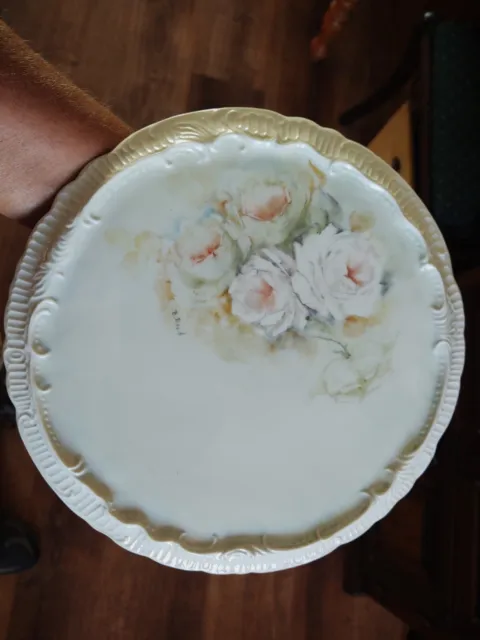 Antique Hand Painted Floral  Porcelain Hot Plate Tea Tile Trivet Signed B. Reed