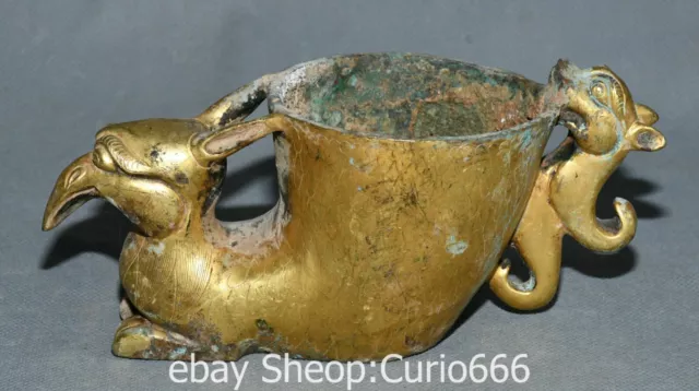 6.2'' Old Chinese Bronze Ware Gold Dragon Loong Phoenix Phenix Animal Cup Statue