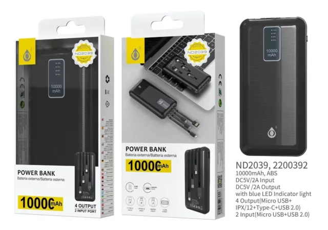 POWER BANK BATTERIA ESTERNA 10000 mAh 5V 2A USB Type C per iPhone SAMSUNG ECC