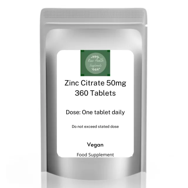 (NH1ST) Zinc Citrate 50mg x 360 tablets High Strength Immune Support Acne Vegan