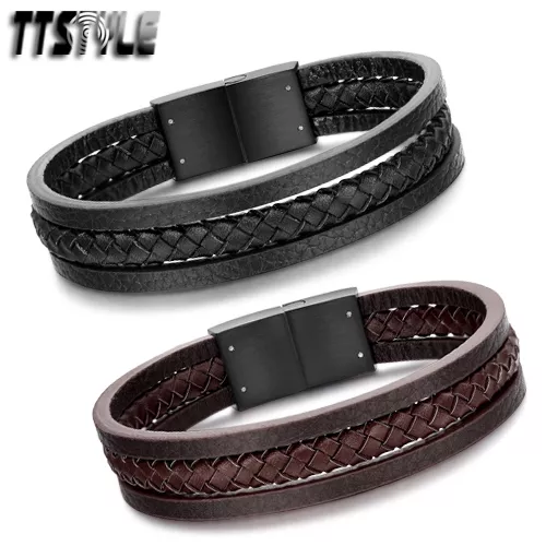 Quality TTstyle Genuine Leather Black Stainless Steel Buckle Bracelet Wristband