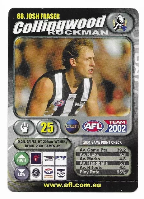 2002 Teamcoach Collingwood Magpies Josh Fraser # 88 Card Afl