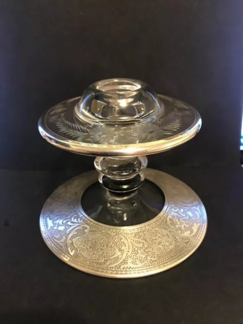 GORGEOUS PAIR ETCHED GLASS, SILVER ENCASED CANDLE HOLDERS, PROBABLY 1920s or 30s