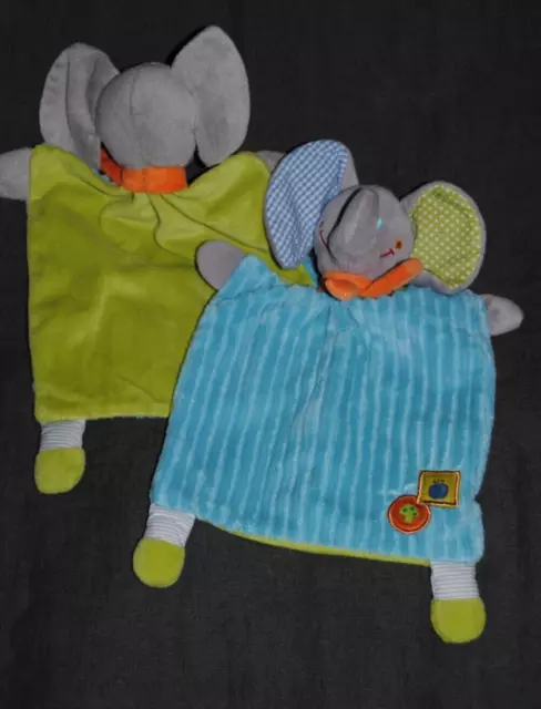 Lot 2 Doudou Plat Éléphant Bleu Vert MOTS D'ENFANTS Leclerc Pomme Champignon