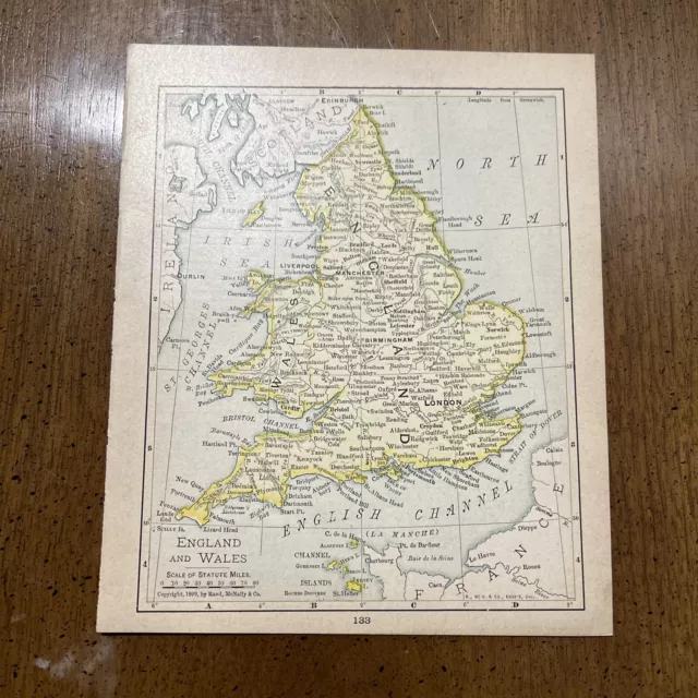 Rand, McNally & Co Antique 1899 Map Of England & Wales 7x6