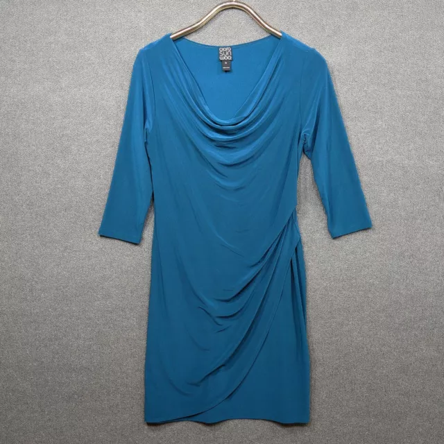 Clara Sun Woo Faux Wrap Dress Womens Medium Cowl Neck 3/4 Sleeve Teal Stretch