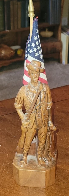 Vintage Wood Hand Carved Civil War Soldier American Flag Figurine Fame Walnut