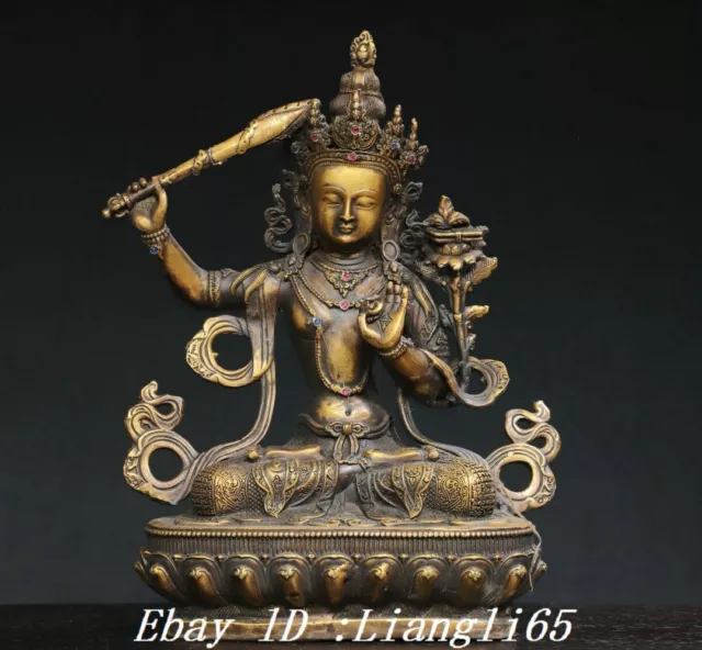 Statua della dea 12" antiche gemme dorate bronzo tibet Wenshu Manjushri Kwan-yin Guan Yin