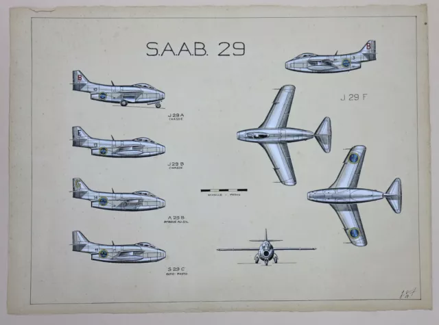 Jean CUNY (1925-1992) SAAB 29 Avion de combat gouache Fontvieille