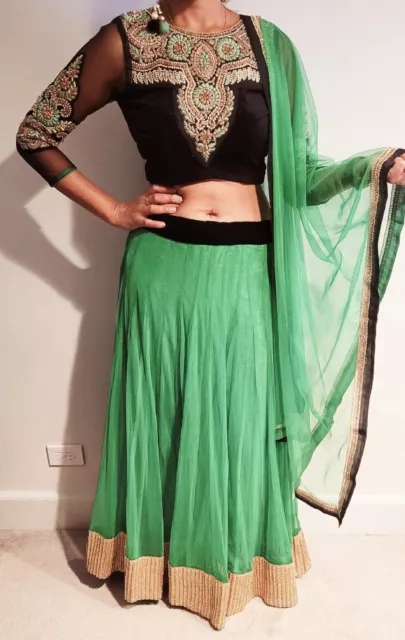 Indian lehenga set, 3 piece set, bright green and black, full sleeve