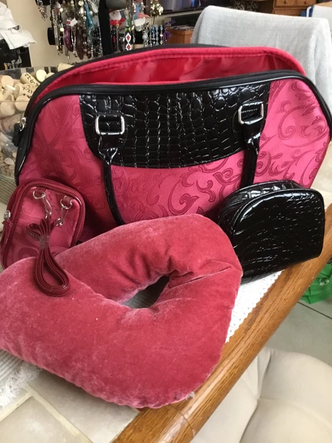 Large Toiletry Travel Bag Red w Black Faux Croc Patent Trim Essense  of Beauty