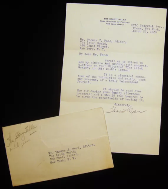 1935 Typed Letter Signed Bronx Thomas Ryan Irish Soldiers Of Fortune Wild Geese