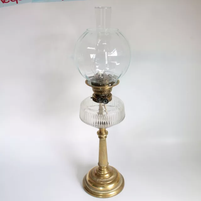 Evered & Co oil lamp brass & clear glass shade patent safety lock collar antique