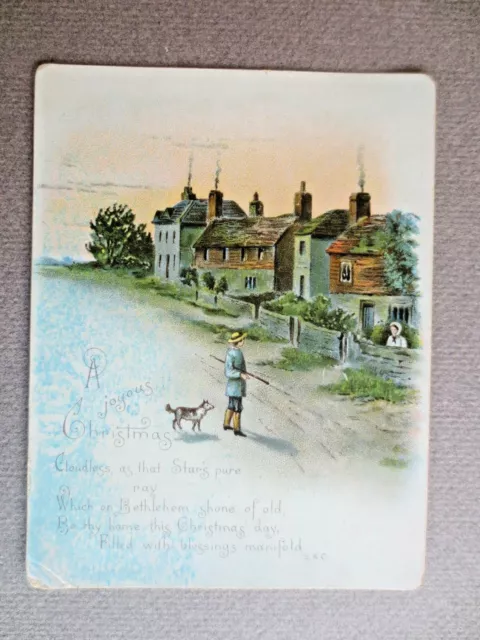 Victorian CHRISTMAS Greetings Card Village Scene Man & Dog Samuel Cowan Verse