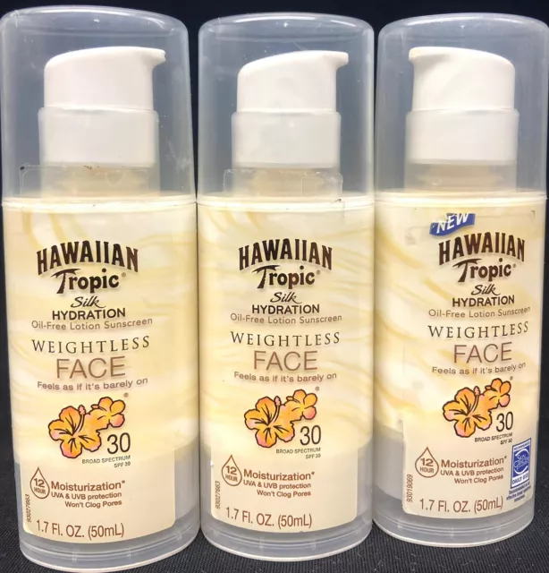 3 hawaiian tropic spf 30 weightless face oil free lotion silk hydration 1.7oz ea