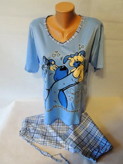 Damen Mädchen Schlafanzug Pyjama Kurz Caprihose Mama Bär 4 Farben S-M
