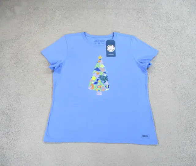 Life Is Good Shirt Womens Extra Large Blue Crusher Tee Fishmas Tree Fish Casual