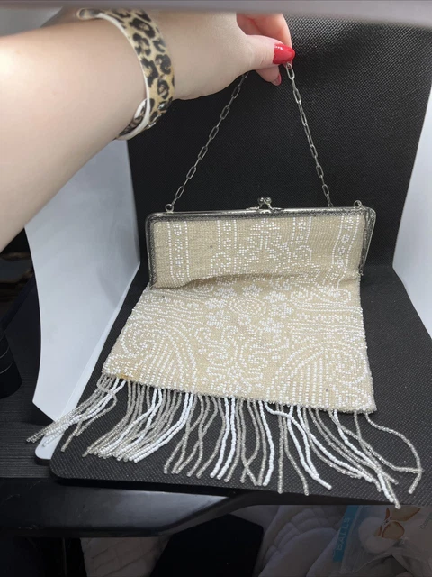 Vintage Ivory And Clear Beaded Handbag With Beaded Fringe