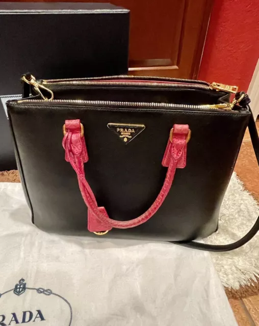PRADA Saffiano Leather Galleria Purse Bag Black Pink Tote Handbag W/Box & Cover 2