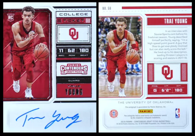 2018 Panini Contenders Draft Picks Trae Young College Ticket Rc On Card Auto