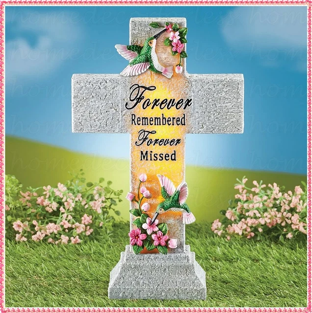 SOLAR LIGHTED FOREVER REMEMBERED Memorial Cross Garden Statue Grave