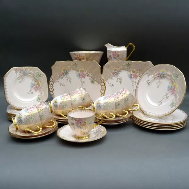 Art Deco Tuscan China Tea Set ~ Pink Gilded Floral 780986 ~ 9 Trios ~