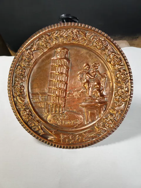 Vintage Copper Decorative Plate Pisa Torre Pendente Pressed Metal Hanging 11.5in