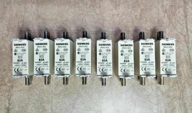 Siemens 3NA3822 Fusible 8 Pièces 63A, 500V/120kA - Neuf Inutilisé