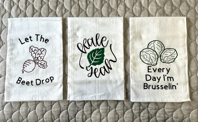 Large Kitchen Hand Dish Tea Towel Veggie Sayings 100% Cotton Vegan Gift Set of 3