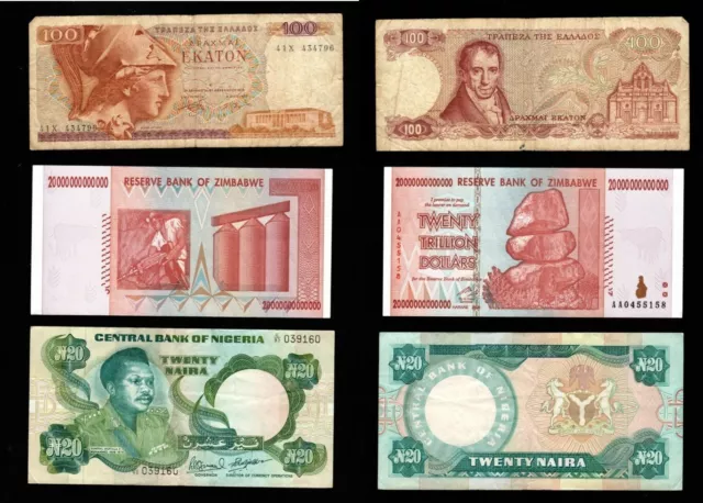 Lot de 3 billets du Monde Grèce , Zimbabwe , Nigéria